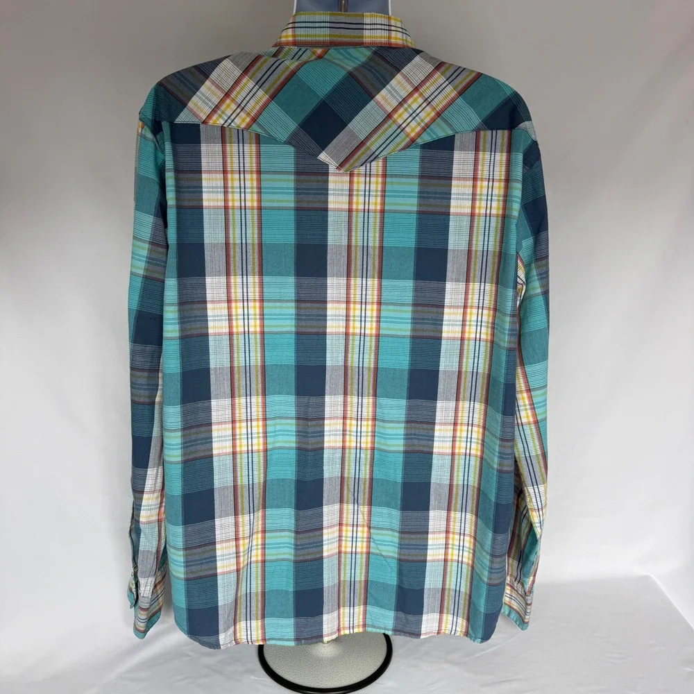 Vintage Levis Mens Western Pearl Snap Shirt Plaid Teal Blue Long Sleeve XXL